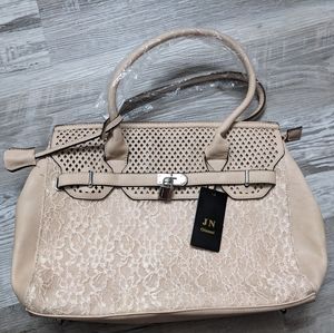 NWT women's satchel crossbody shoulder handbag purse, cream beige, lace and PVC